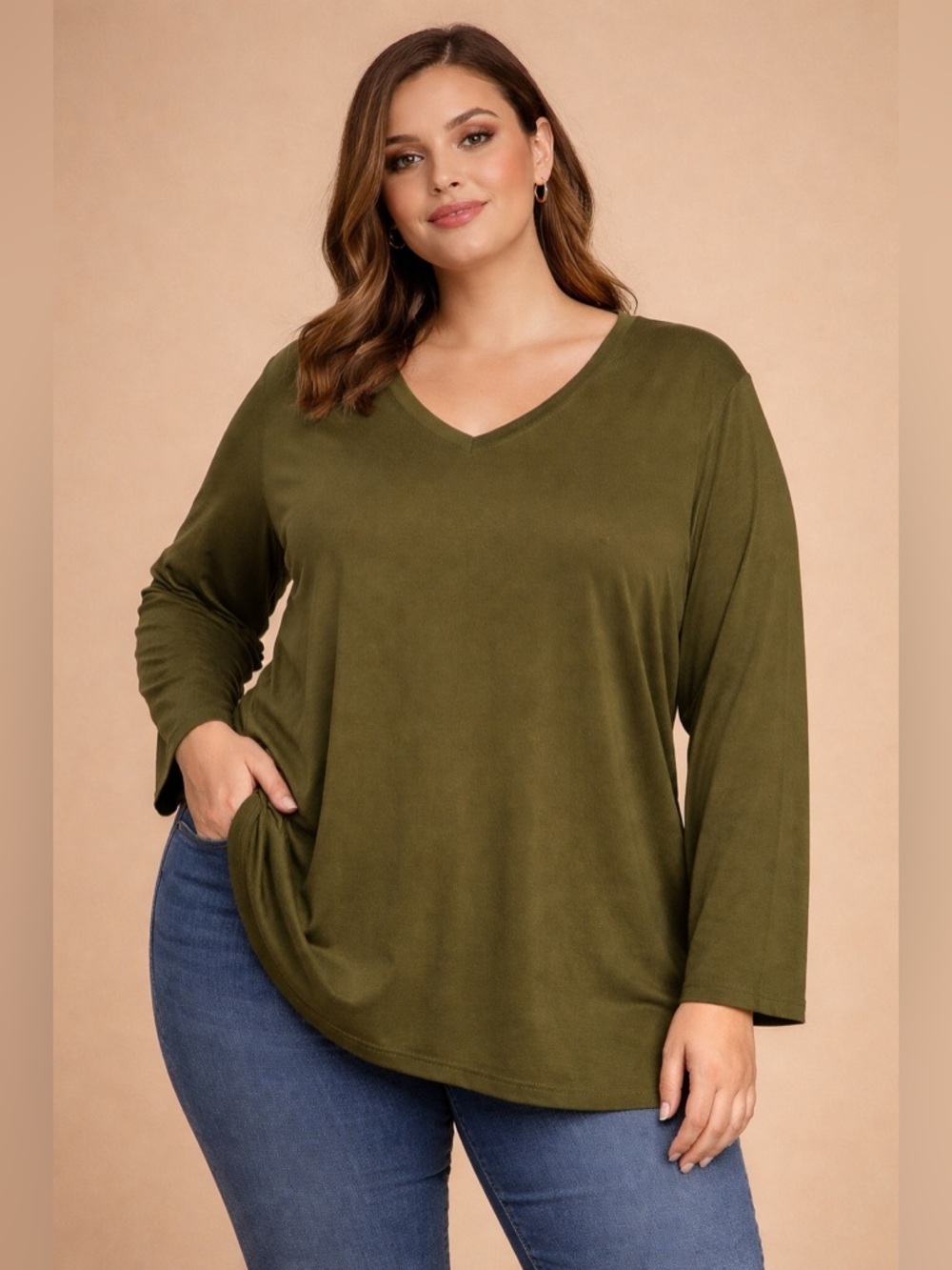 Woman Within Green V-Neck Long Sleeve
Top 22/24 Plus Size Soft Stretch Basic